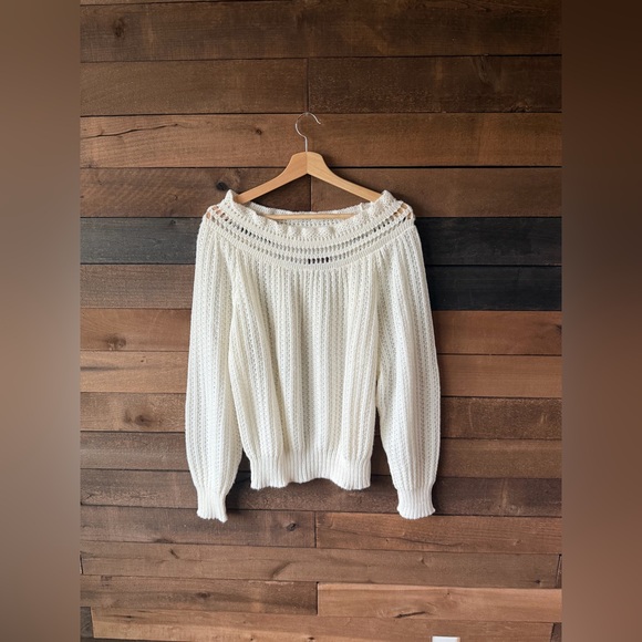 Vintage Cream Off Shoulder Knit Sweater Cottagecore Balloon Sleeve Soft - Picture 12 of 17